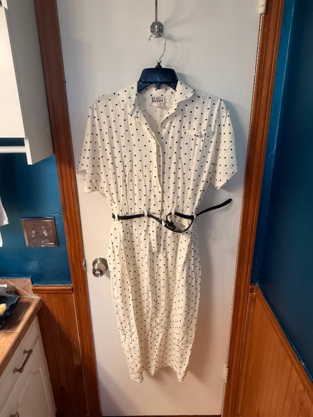 Vintage Hearts Black White Polka Dot Shirtwaist Midi Dress Size 8 Belted